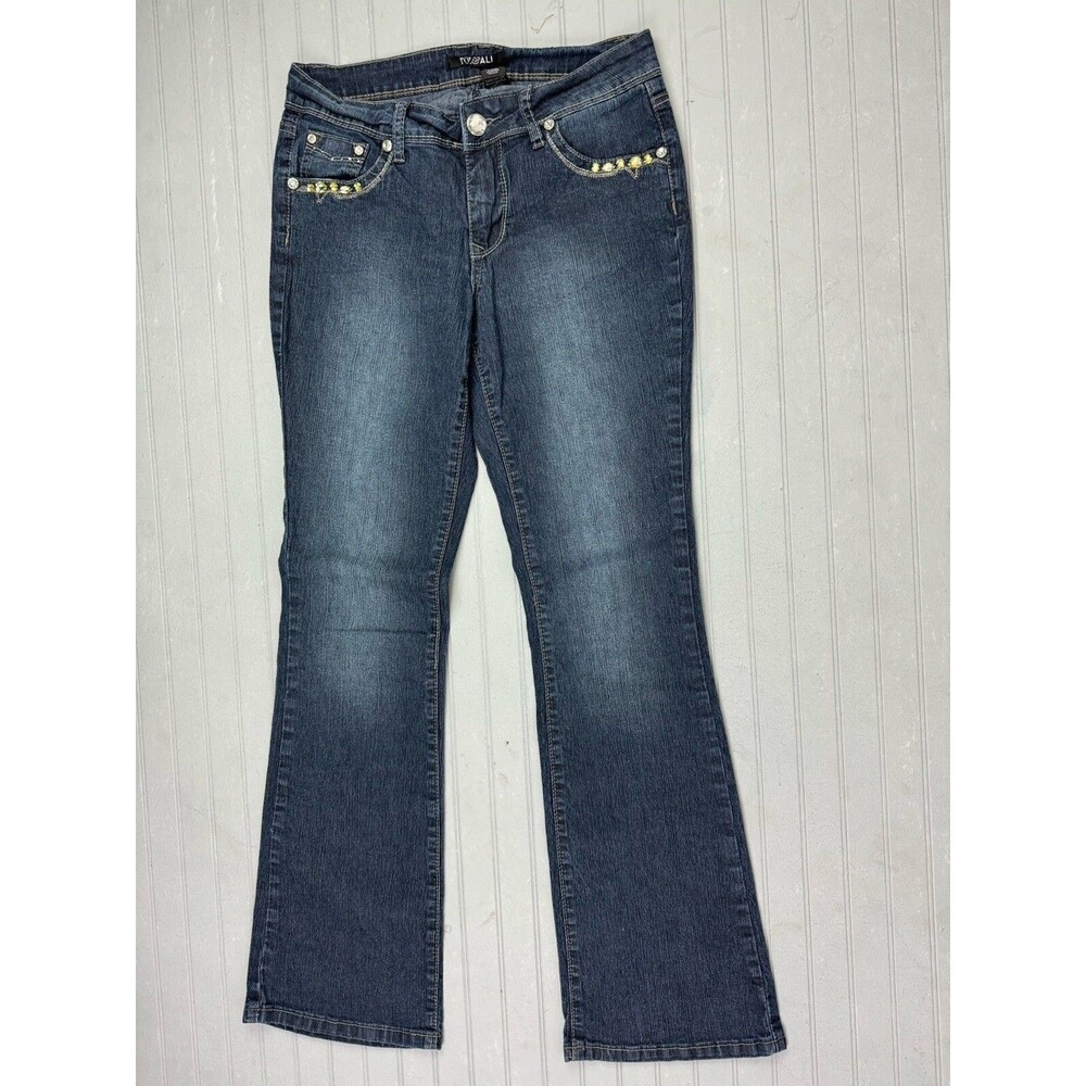 Roz & Ali Size 4 Womens Jeans Flare Bling Pockets Dark Wash Mid Rise Stretch
